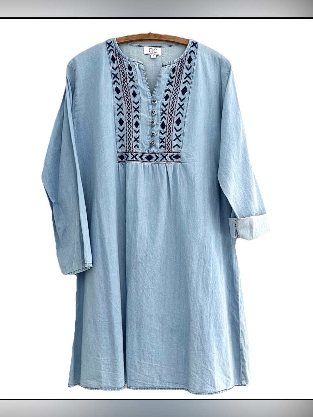 Chambray Embroidered Boho Shift Tunic Dress L Mini Peasant Light Weight Denim